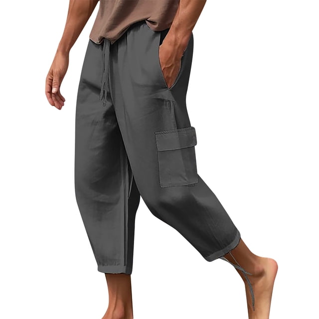 FAIWAD Men's Linen Capri Pants Elastic Waist Lightweight Straight Pants Loose Drawstring Casual Trousers