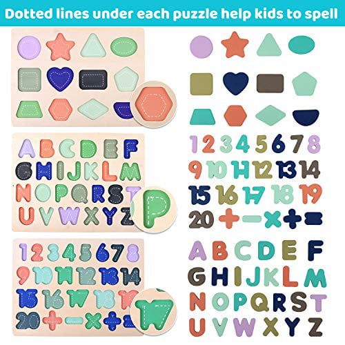 Great Gift for Girls and Boys - Best for 2, 3, 4, and 5 Year Olds Wooden Puzzles for Toddlers Voamuw Wooden Alphabet & Number Puzzles Kids Toys Set 2-Pack 