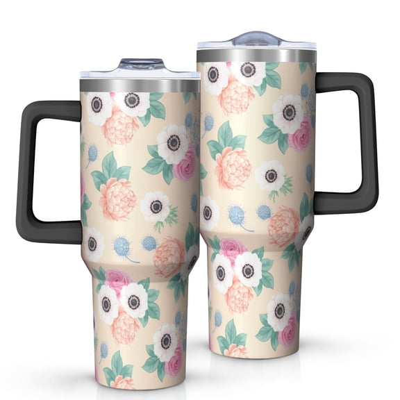 40oz Pioneer Flower Floral Print Pattern Insulated Tumbler with Handle, BPA-Free Leak Proof Lid and Straws, Double Wall Vacuum, Hot 12h/Cold 34h