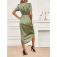 thumbnail image 3 of Satin short-sleeved wrap-style cross-neck dress, long and irregular design., 3 of 5