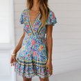 thumbnail image 3 of Vestido de Boho Floral Manga Corta Vestida de Cuello en V Mini Vestido de Vestir de Verano en Vestino de Verano Playa Estampado Floral Bohemio Vestido Navideño Odeerbi ODB113357, 3 of 6