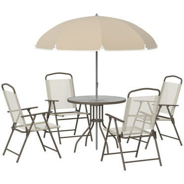 6 Pieces Patio Dining Set for 4 with Umbrella, Outdoor Dining Set with 4 Folding Dining Chairs & Glass Table, for Garden, Backyard and Poolside, Beige