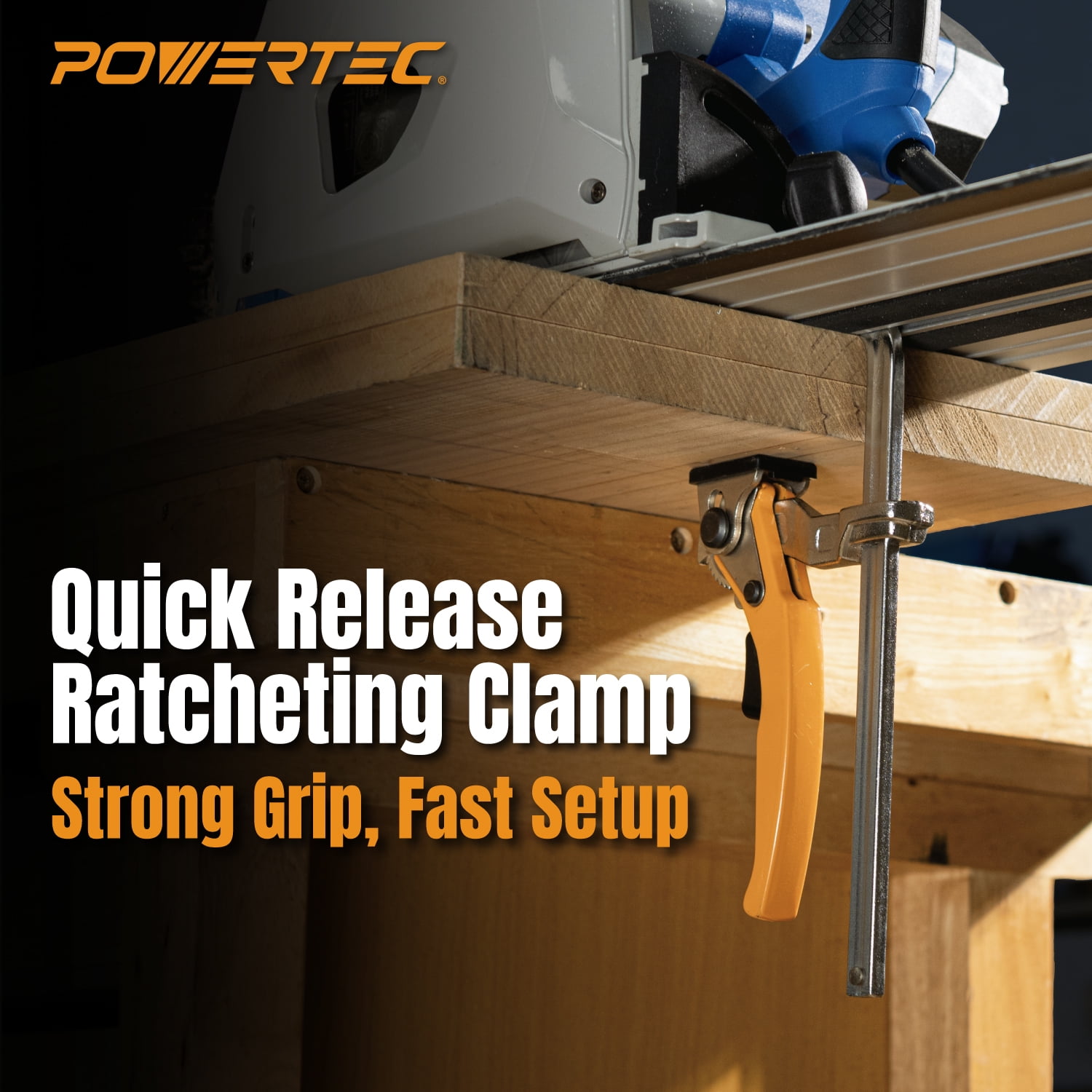 POWERTEC 71545 Quick Release Ratcheting Table Clamp for MFT and Guide Rail System, 7" Capacity x 2-3/8” Throat Depth, 3PK