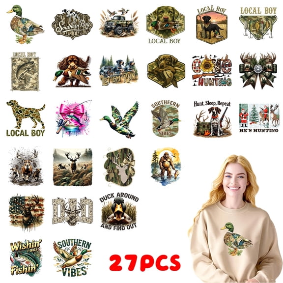 27PC DIY ironing applique patch, 18cm/7.08in, Hunting Deer Fishing Dog Camouflage Southern Vibes Local Boy Outdoor ,Easy Heat Transfer for T-Shirts, Jeans, Backpacks, Hats, Durable Washable Stickers