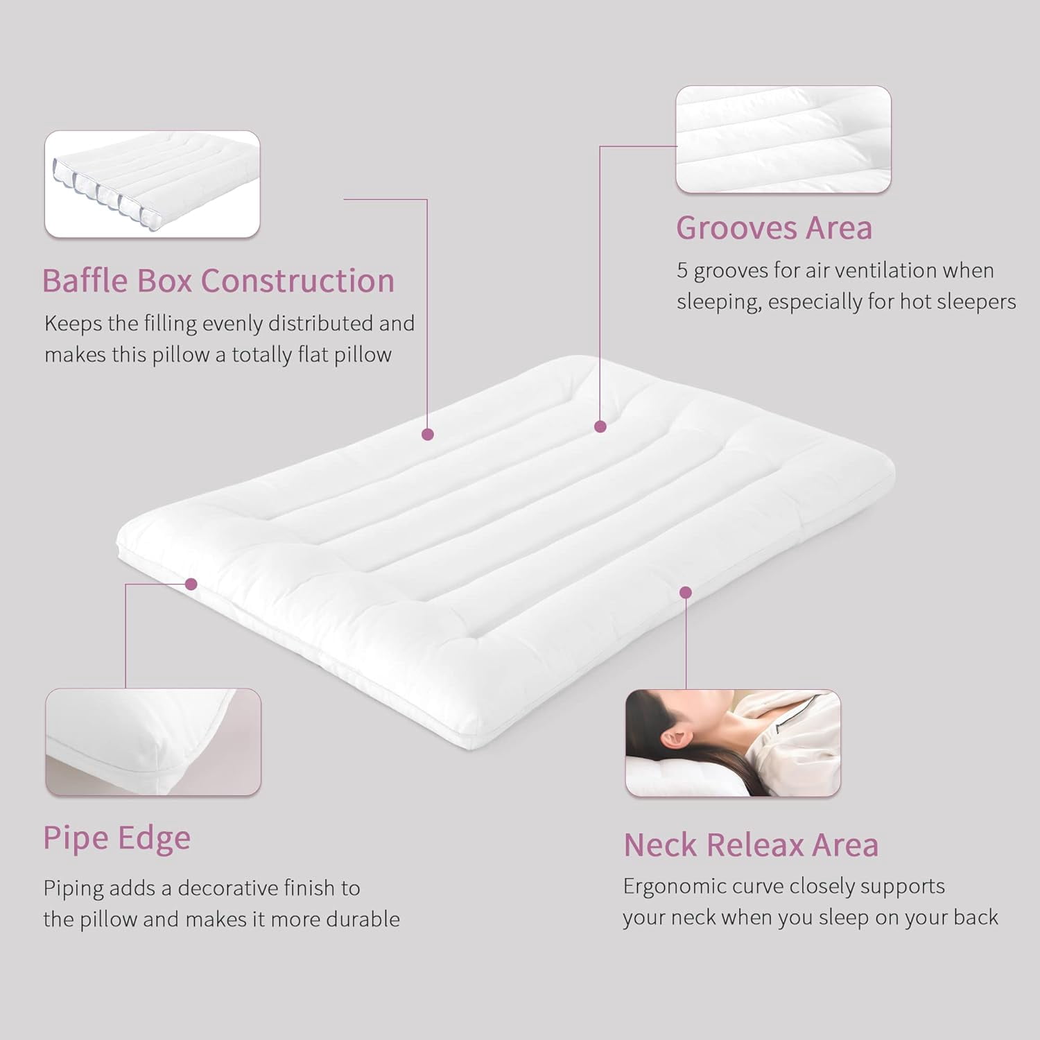 HOMBYS Ultra Thin Flat Pillow for Sleeping, Thin Pillow for Back Sleeper, Supportive Stomach Sleeping Pillow, Slim Bed Pillow, Machine Washable-Standard Size 26x18, White