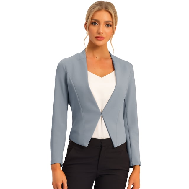 Chaqueta Corta Casual De Negocios De Oficina De Trabajo Sin Cuello Para Mujer Gris azul3 S