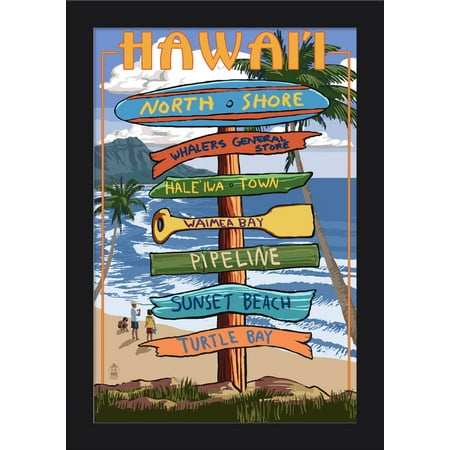 North Shore Monogram - North Shore, Haleiwa, Hawaii - Sign Destinations - Lantern Press Poster (12x18 Giclee Art Print, Gallery Framed, Black Wood)