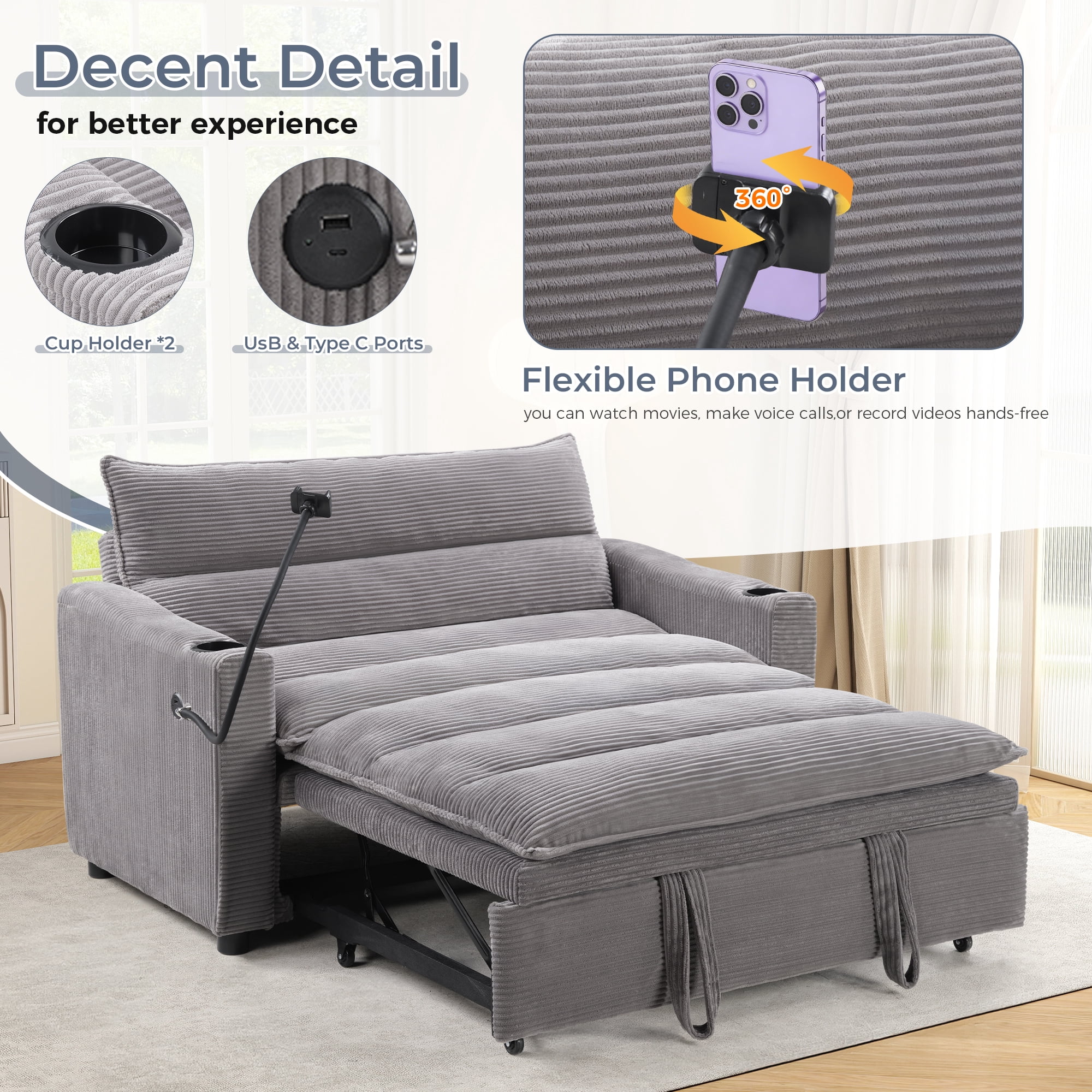 Ebello 3-in-1 Sleeper Sofa Bed, Corduroy Convertible Pullout Futon Couch with Adjustable Backrest, Phone Holders & USB Ports for Apartment, Small Space, 2-Seat(Gray)