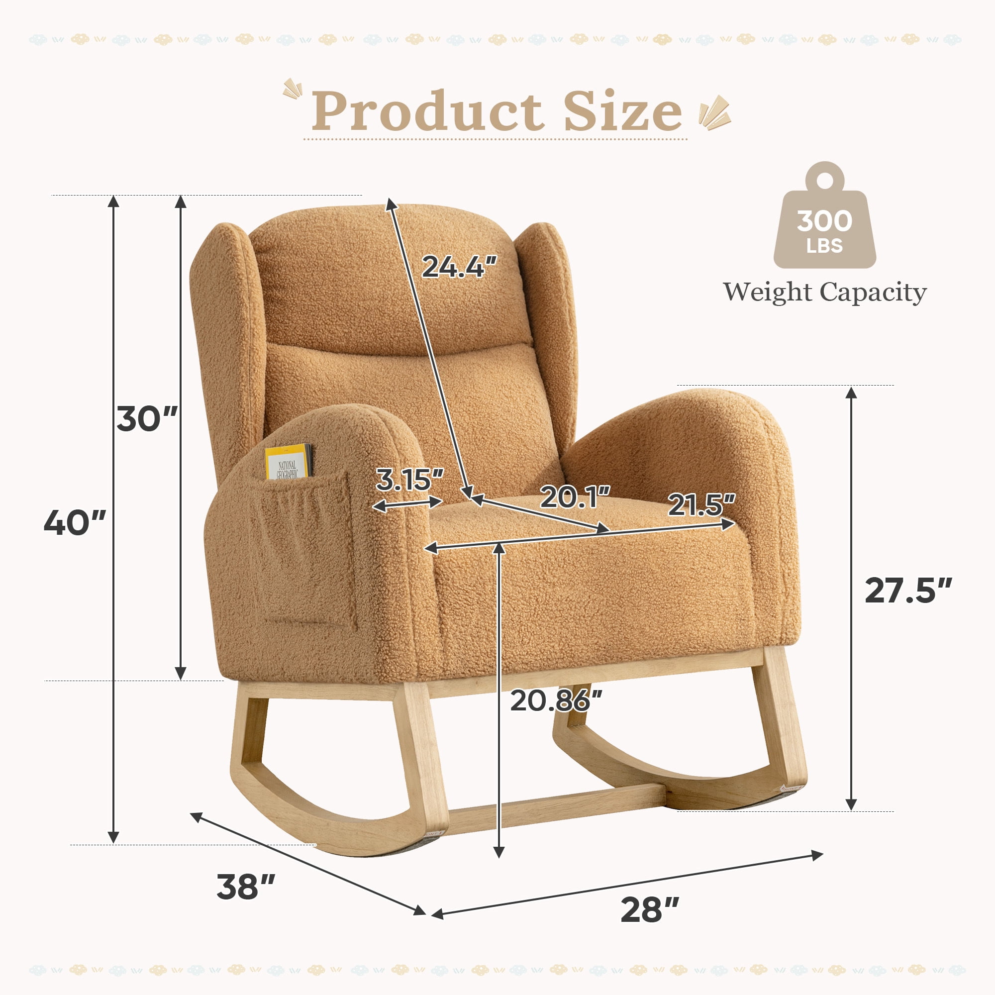 Muumblus Nursery Rocking Chair, Wingback Glider Rocker, Indoor Uphlostered Rocking Chair, Khaki Teddy