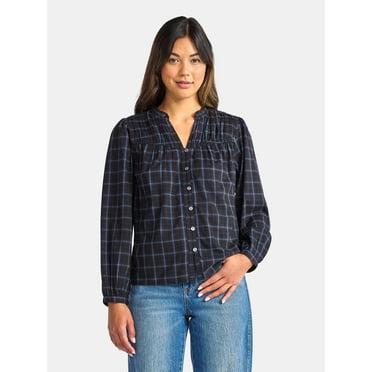 Time and Tru Women's Ruched Yoke Blouse with Long Sleeves, Sizes XS-XXXL