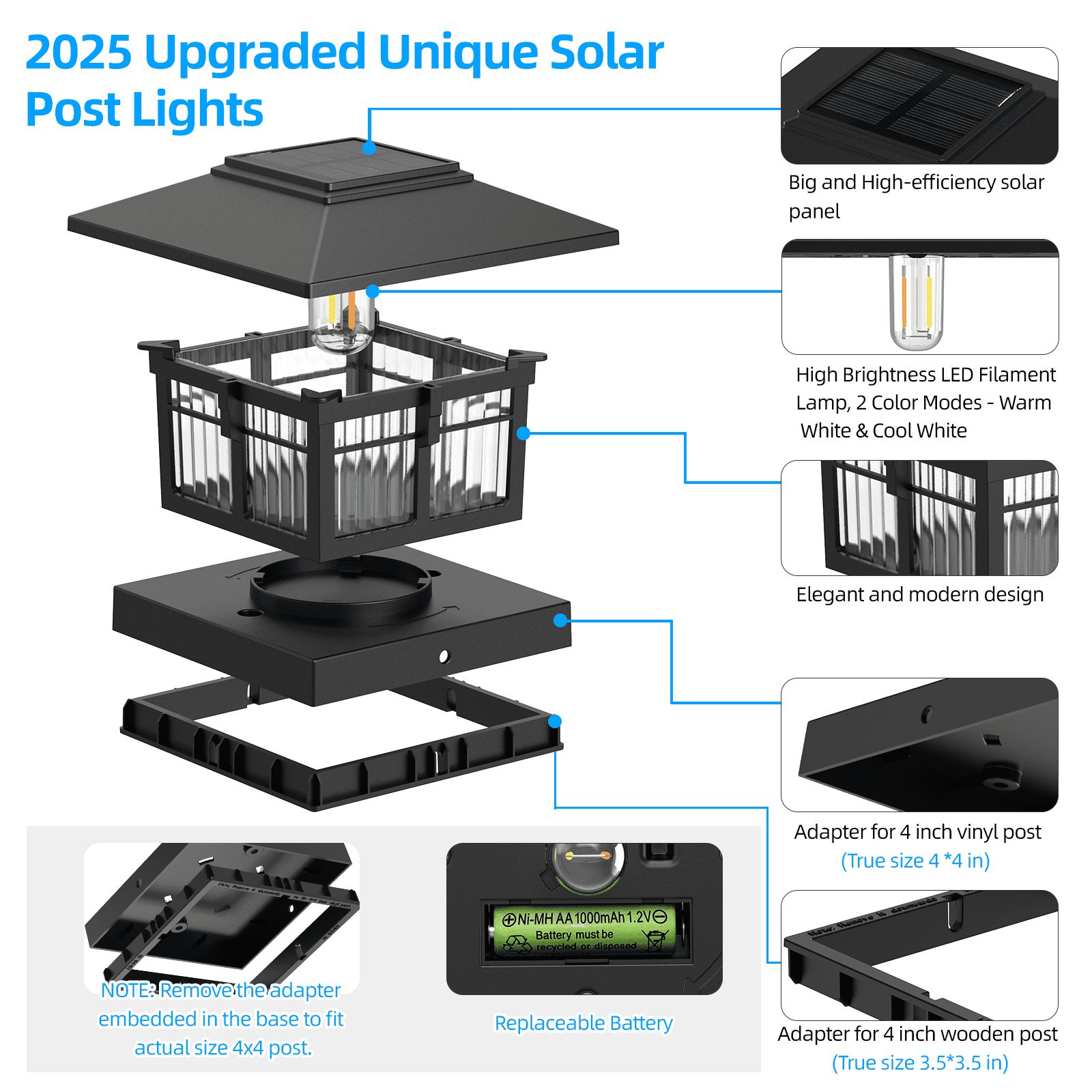 4x4 Solar Post Cap Lights, 6 Pack Fence Deck Post Lights Outdoor Solar Powered Waterproof with Two Light Modes Warm&Cool White for Garden Patio Decor (Black, 6)