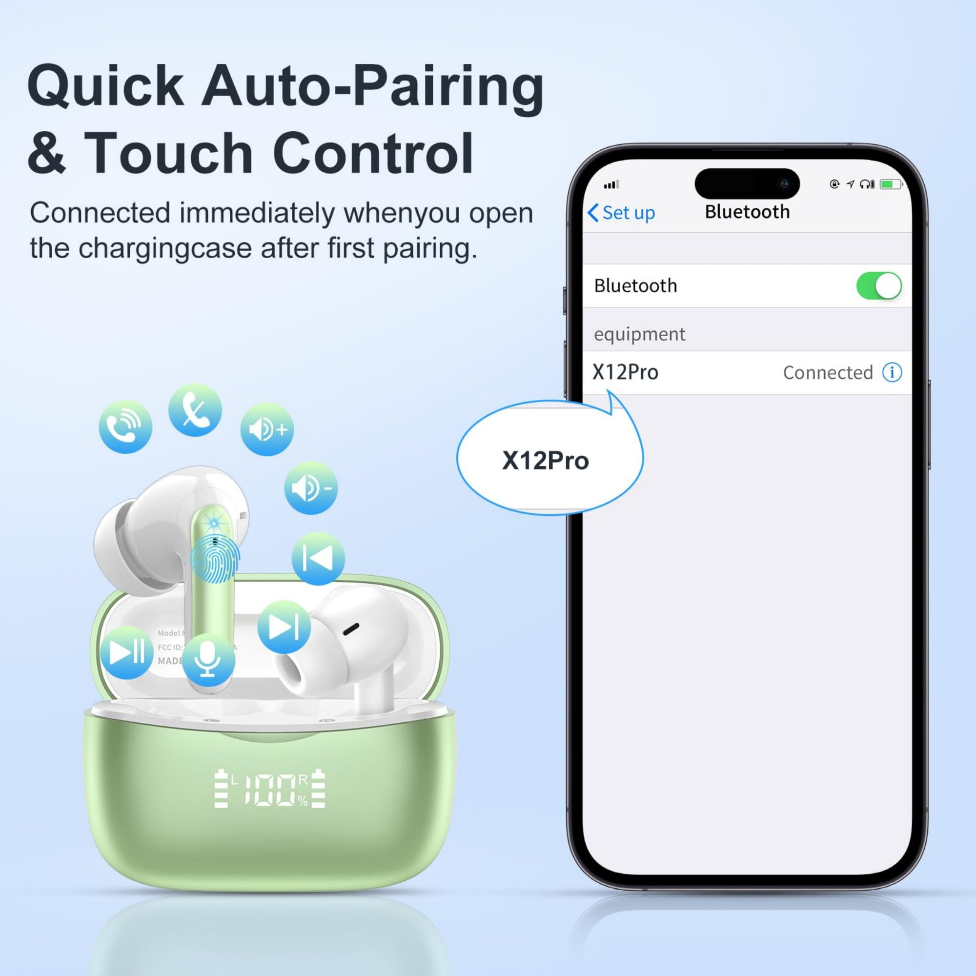 WeurGhy Earbuds Wireless Bluetooth Noise Cancelling for iPhone Android Sports Workout, 56H Playtime Waterproof LED Display in Ear Headphones, Green thumbnail 6