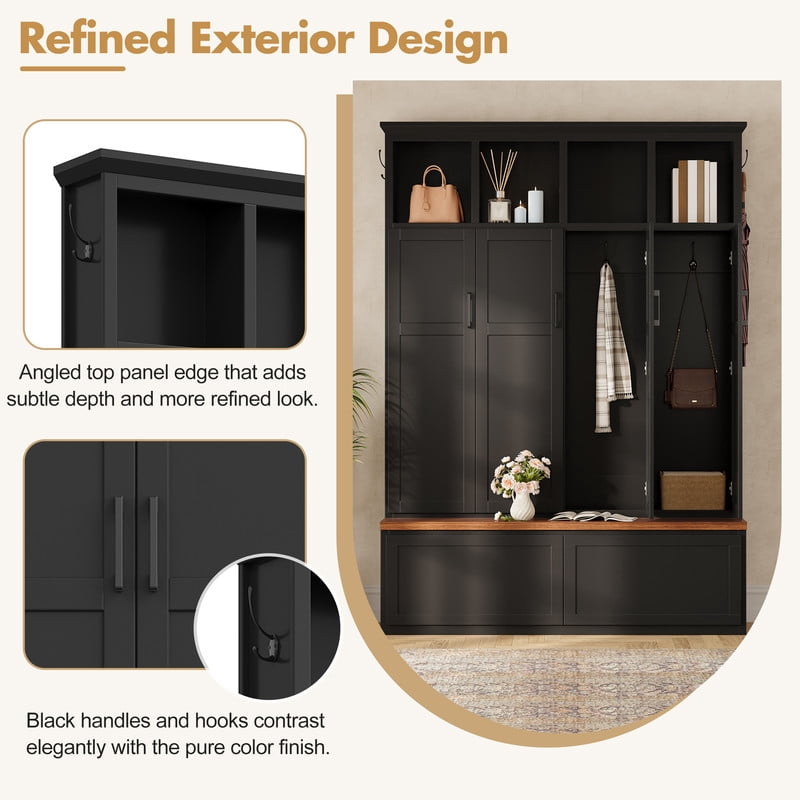 Modern Farmhouse Hall Tree with Bench and Storage Cabinets, Entryway Coat Rack with 6 Hooks, 4 Hidden Cabinets, Drawers and Open Shelves, Mudroom Organizer for Hallway, Living Room