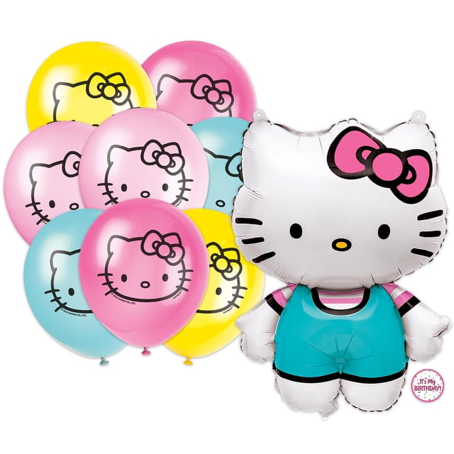 Set de globos Hello Kitty de 25 cm + 8 x 30 cm con pegatina de cumpleaños
