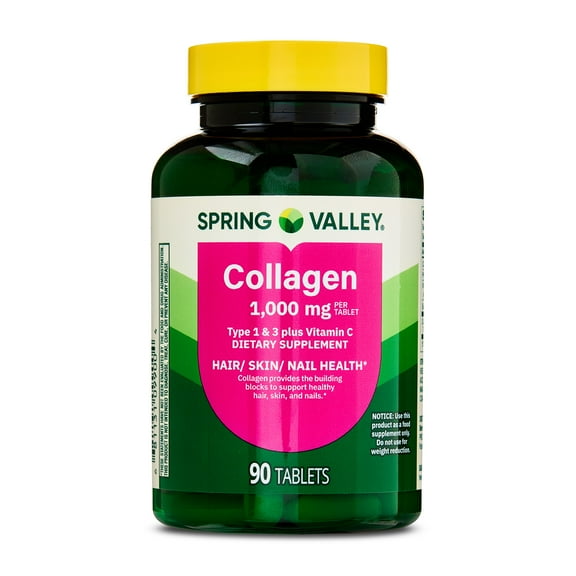 Spring Valley Collagen Type 1 & 3 Plus Vitamin C Tablets for Hair/Skin/Nails, 1,000 mg, 90 Count