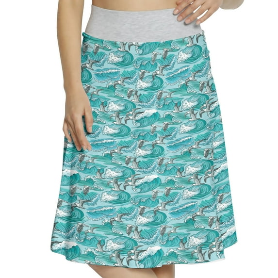 Women's Seagulls Flowing Water with Waves A-line Printed Skirt Casual Wear, L, Teal Grey Mint, by Ambesonne