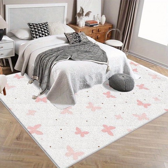 1PC Pink Butterfly and Dots Area Carpet Local Carpet, Lightweight Washable Easy-to-Manage Carpet Mat Festival Gift, Suitable for Bedroom, Living Room, Dining Room, Office, Balcony, Room Accessories