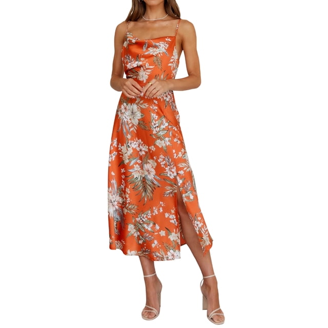 ZAXARRA Femmes Imprimé Floral Robe Cami Sans Manches une Ligne Côté Fente Midi Robe pour Soirée Club Nuit de Mariage