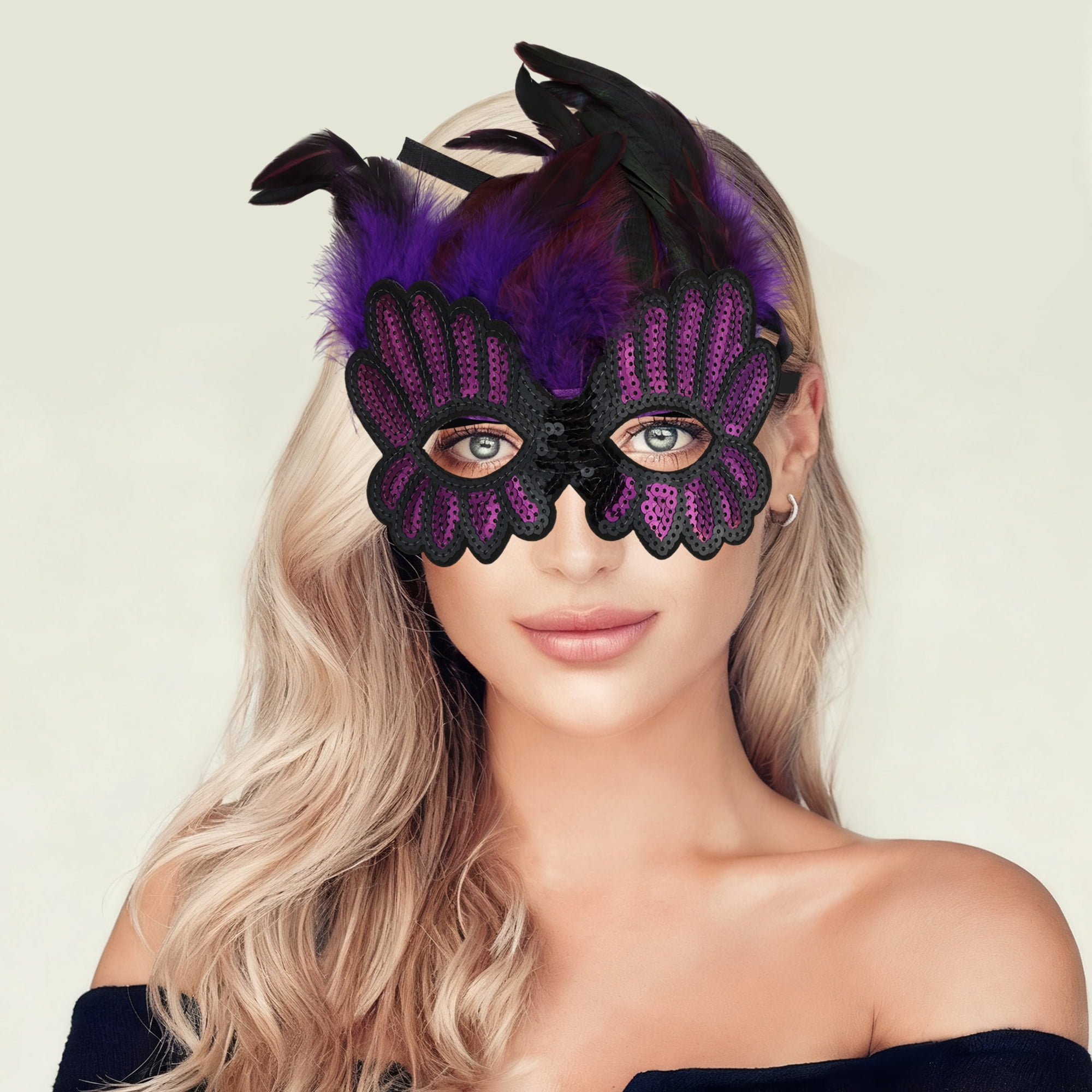 Unique Bargains 1 Pack Elegant Sequined Feathers Party Mask Purple, Black