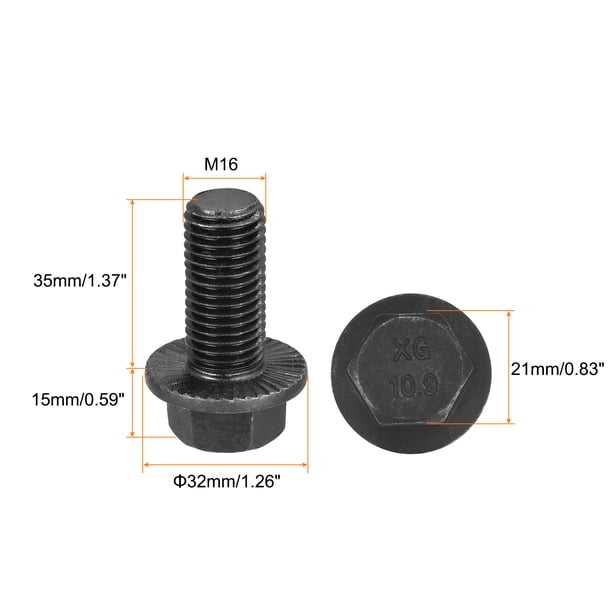 Vis M16x35mm à Bride Dentelée - Grade 10.9 - Acier Carbone - Lot De 2 - Uxcell