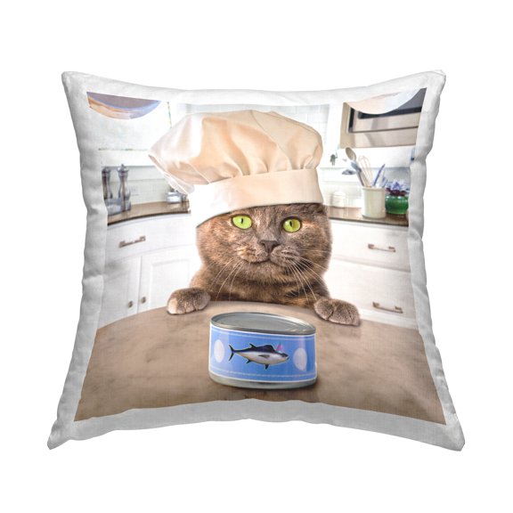 Stupell Industries Chef Cat with Tuna Can Square Decorative Printed Throw Pillow, 18 x 18