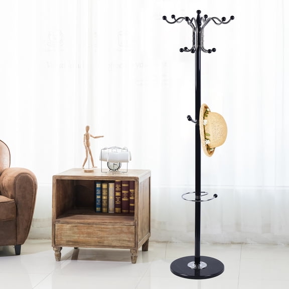 Metal Coat Rack Stand, 15*67in Coat Rack for Clothes with 4 Levels and 16 Hooks, Free Standing Coat Rack for Home, Office, Entryway, Hallway, Black