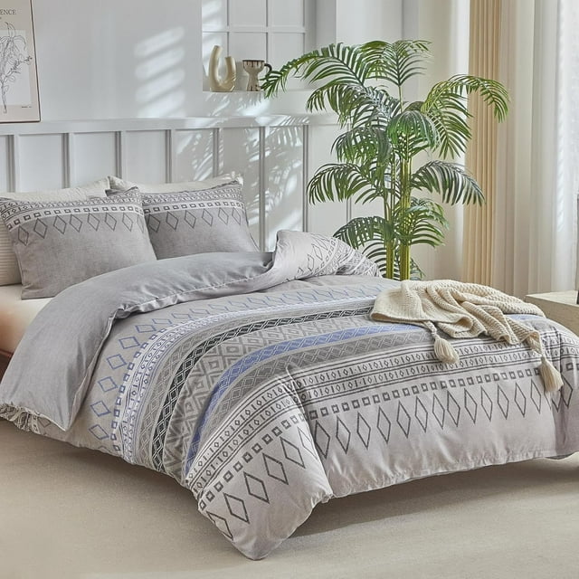 TEMOGU-Duvet Cover Queen, Soft Breathable Microfiber Queen Duevt Cover Set, 3 Pieces Comforter Queen Bedding Set with Zipper Closure, Corner Ties and 2 Pillowshams, Grey Striped