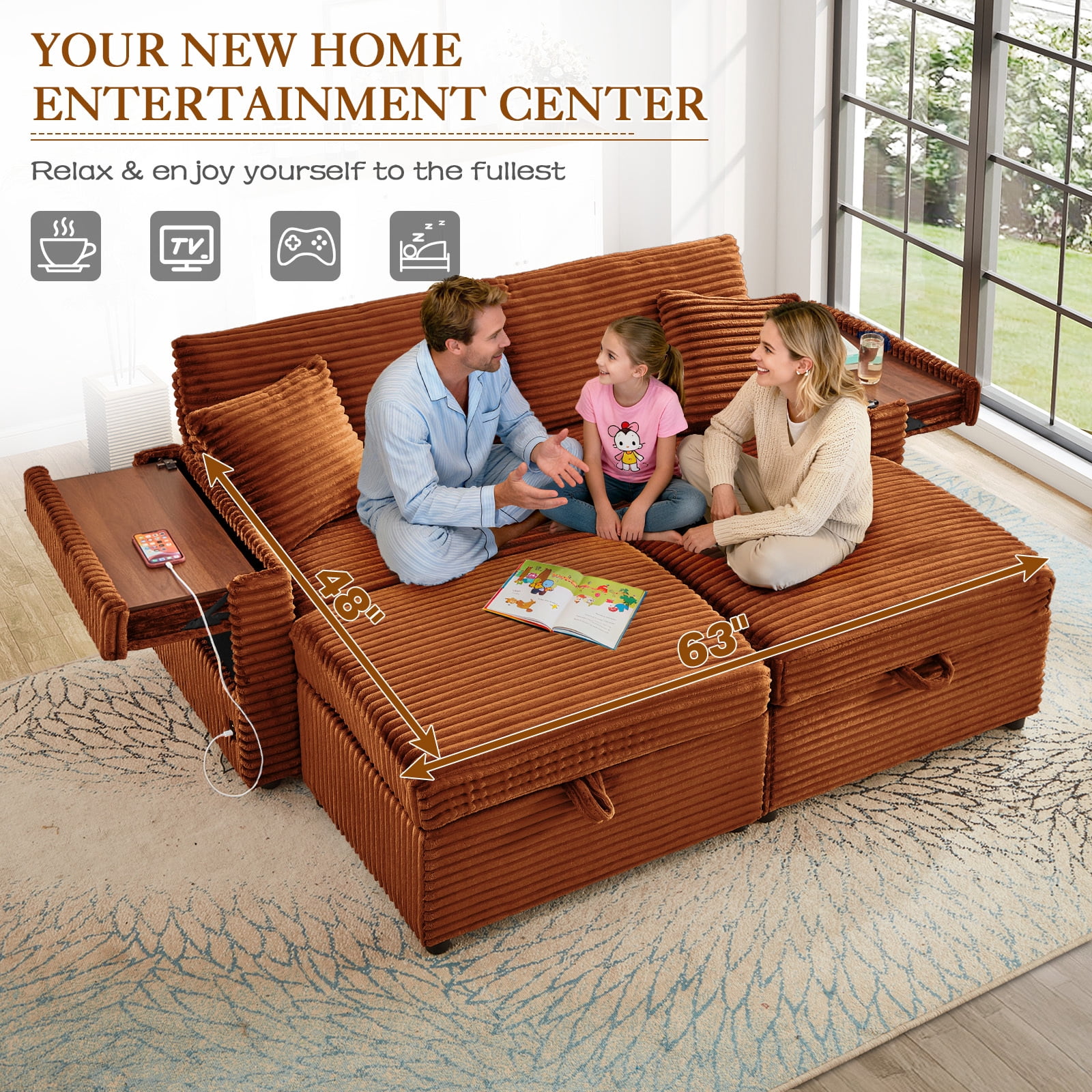 Muumblus Loveseat Sectional Sofa with 2 Storage Ottomans, Modular Cloud Couch with 2 Side Tables & USB, Plush Double Chaise Lounge Sofa Bed Indoor, Orange Corduroy