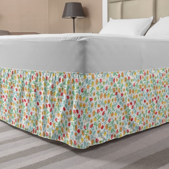 Floral Bed Skirt, Simplistic Cartoon Style Lines Art Flowers Pattern, Elastic Bedskirt Dust Ruffle Wrap Around for Bedding Decor, 4 Sizes, Multicolor, by Ambesonne