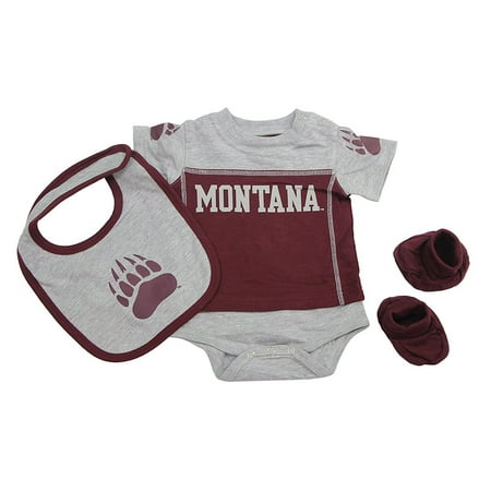 OuterStuff Montana Grizzlies Baby Clothing, University 3 Piece Creeper Bib Booties Apparel Set
