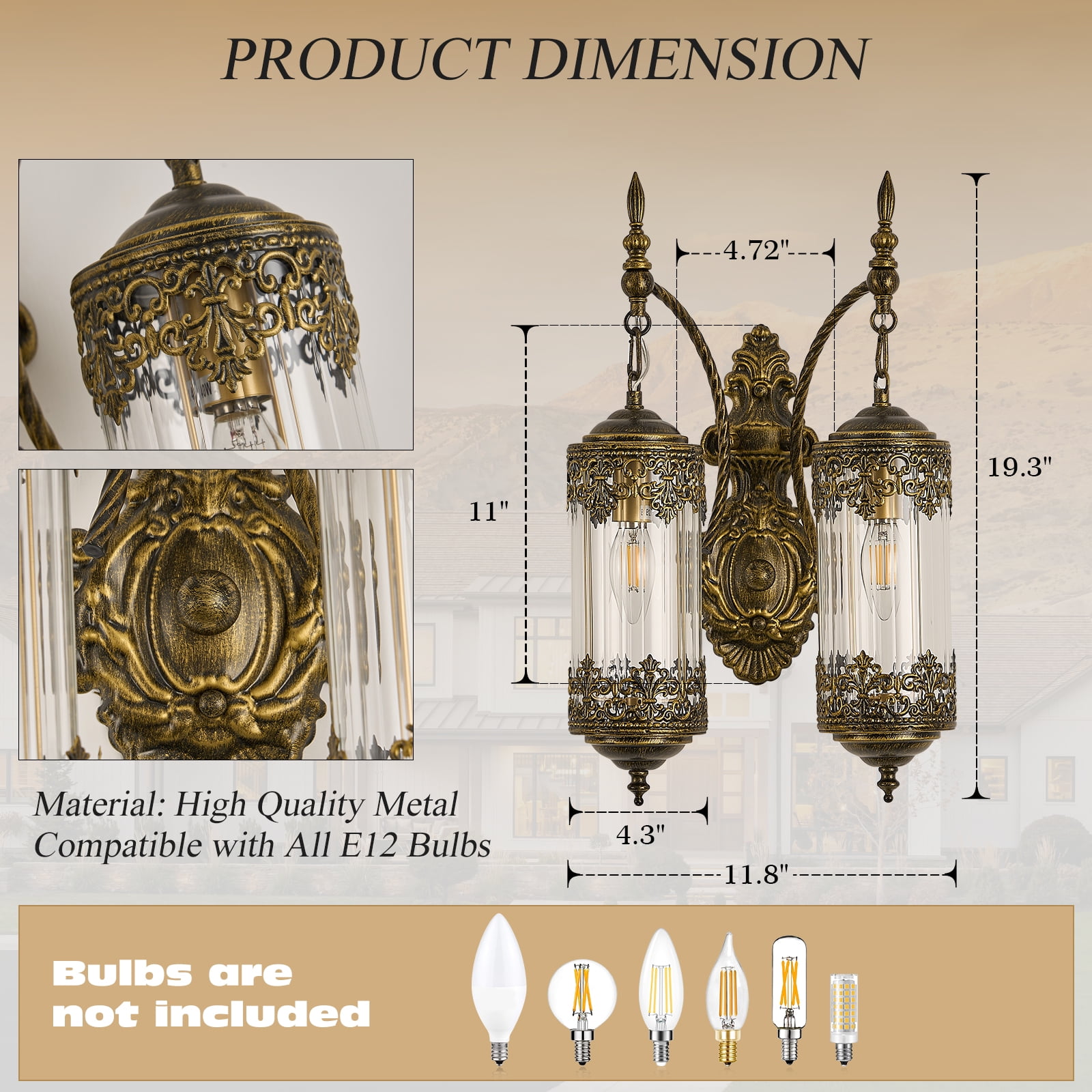 2-Light Vintage Wall Sconce Glass Lantern Wall Sconces Rustic Gold Gothic Wall Lamp Hardwired Glass Wall Lighting Fixture for Bedroom, Living Room, Aisle, Hallway