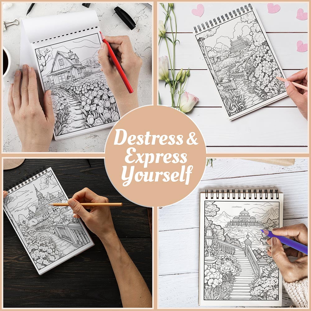 Gardens in Bloom Coloring Book Spiral Bound For Adults, A5 Wooden Cover, 30 Serene Coloring Pages of Blooming Flowers and Tranquil Landscapes for Stress Relief and Relaxation