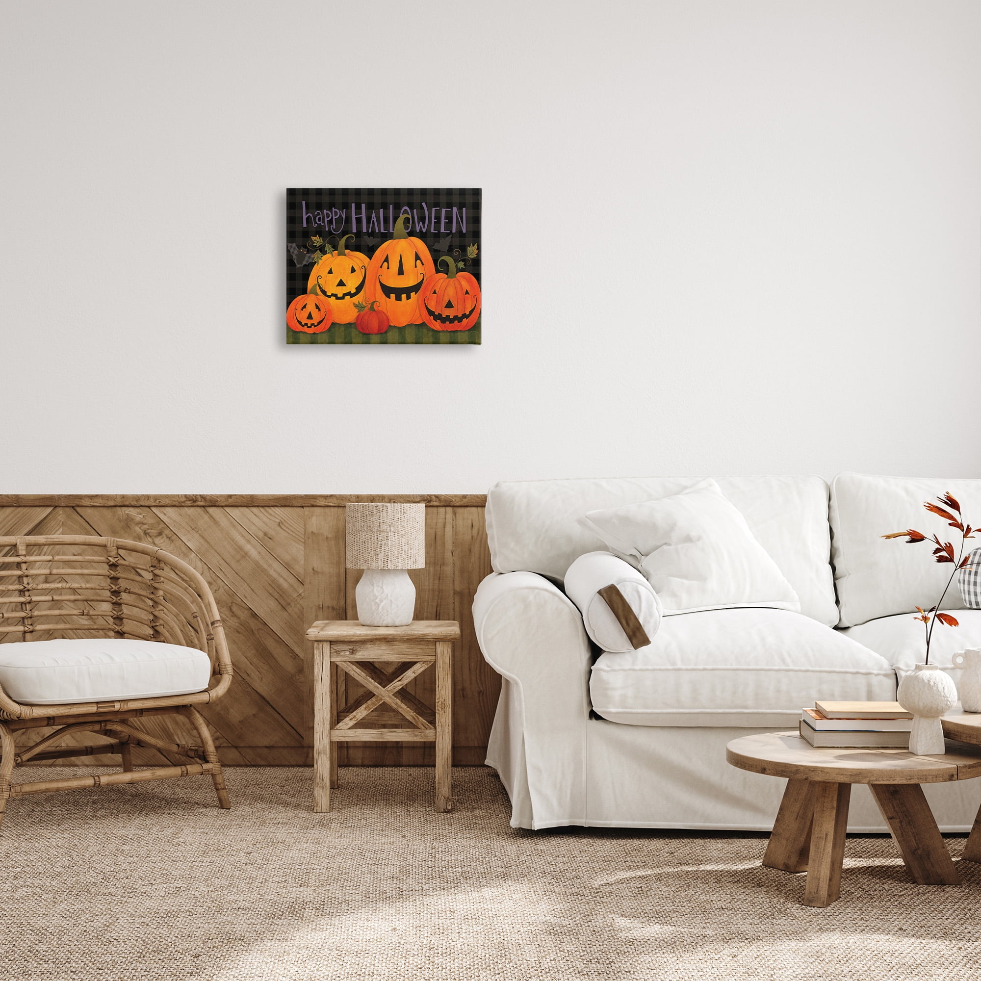 Stupell Industries Halloween Smiling Jack-o-Lanterns Holiday Painting Gallery Wrapped Canvas Art Print Wall Art, 20 x 16