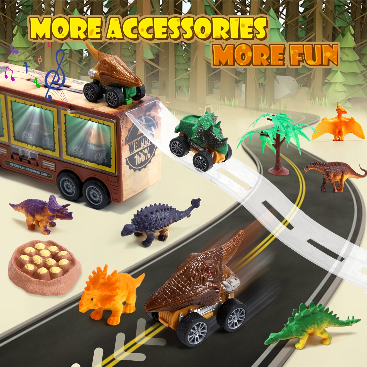JoyStone 20 in 1 Dinosaur Truck Toys with Lights & Sounds,  Dinosaur Play Set for Kids 3-5 Years, Including 6 Pull Back Cars, 6 Dino Figures, Birthday Gift for Boys Girls, Brown