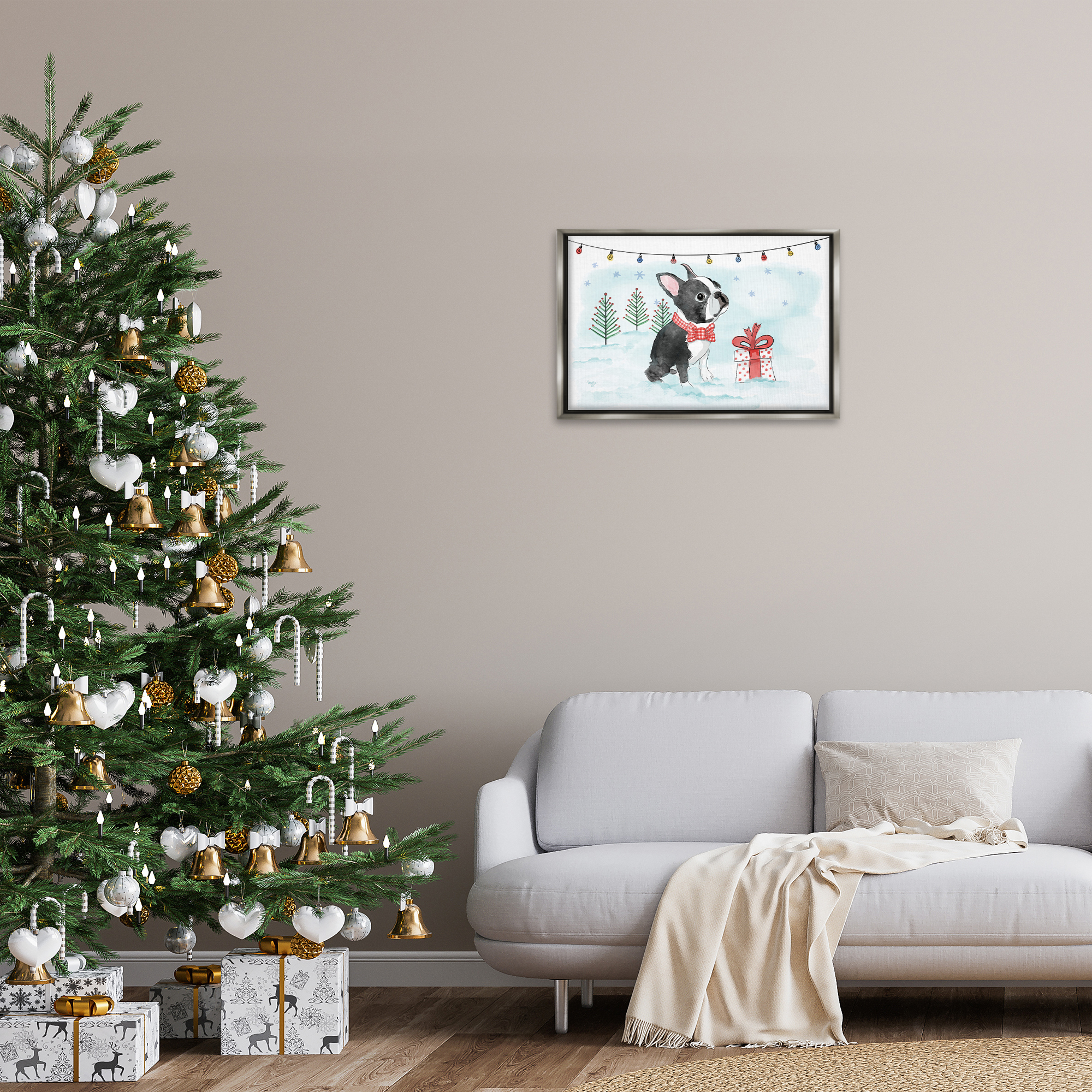 Stupell Industries Snowy Boston Terrier Holiday Painting Gray Floater Framed Canvas Art Prints Wall Art, 25 x 17