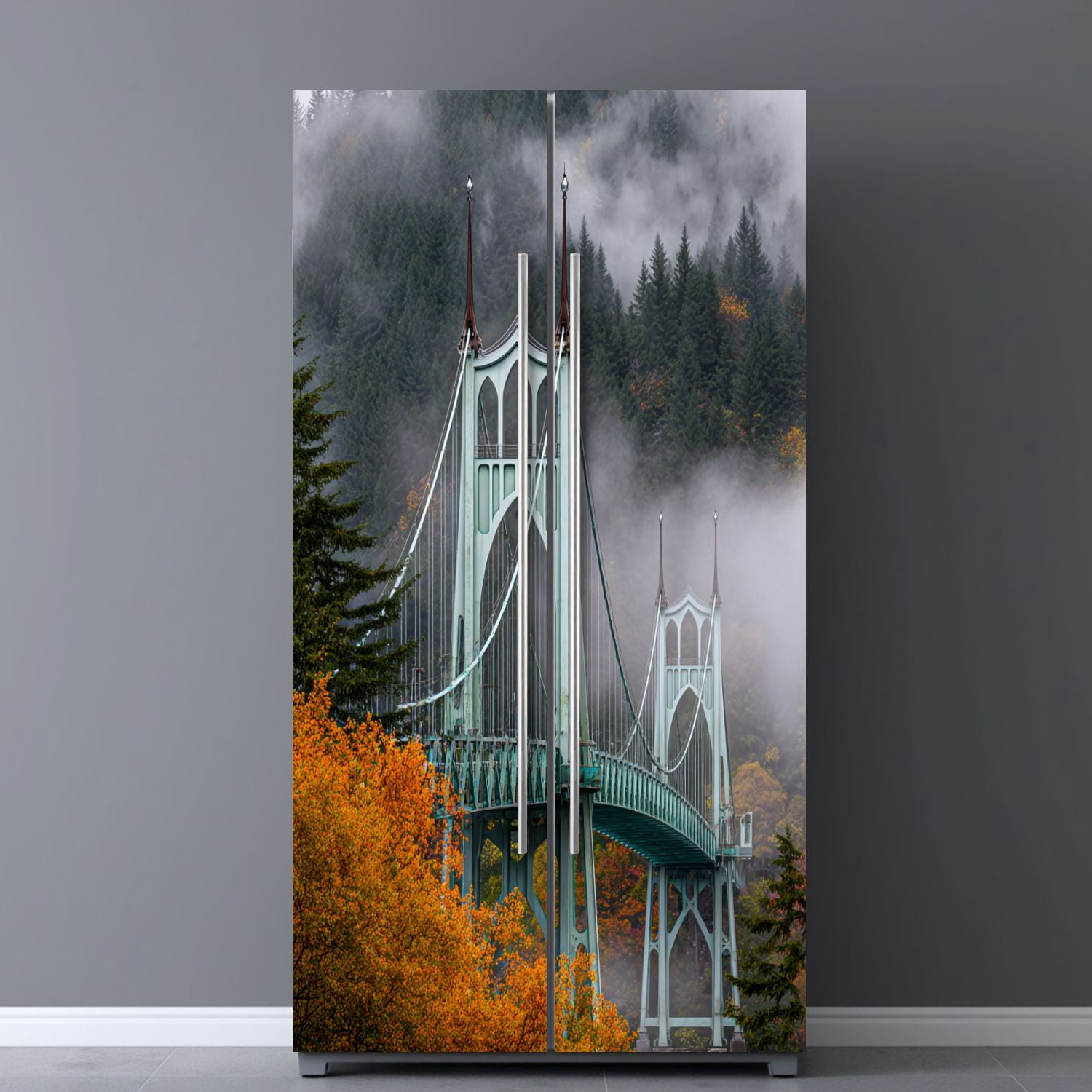 Self Adhesive Vinyl Refrigerator Wrap Set bridge portland oregon misty citys Door Mural Removable Fridge Sticker Peel and Stick&nbsp;Full Door Cover Decal Kitchen Bar Decor