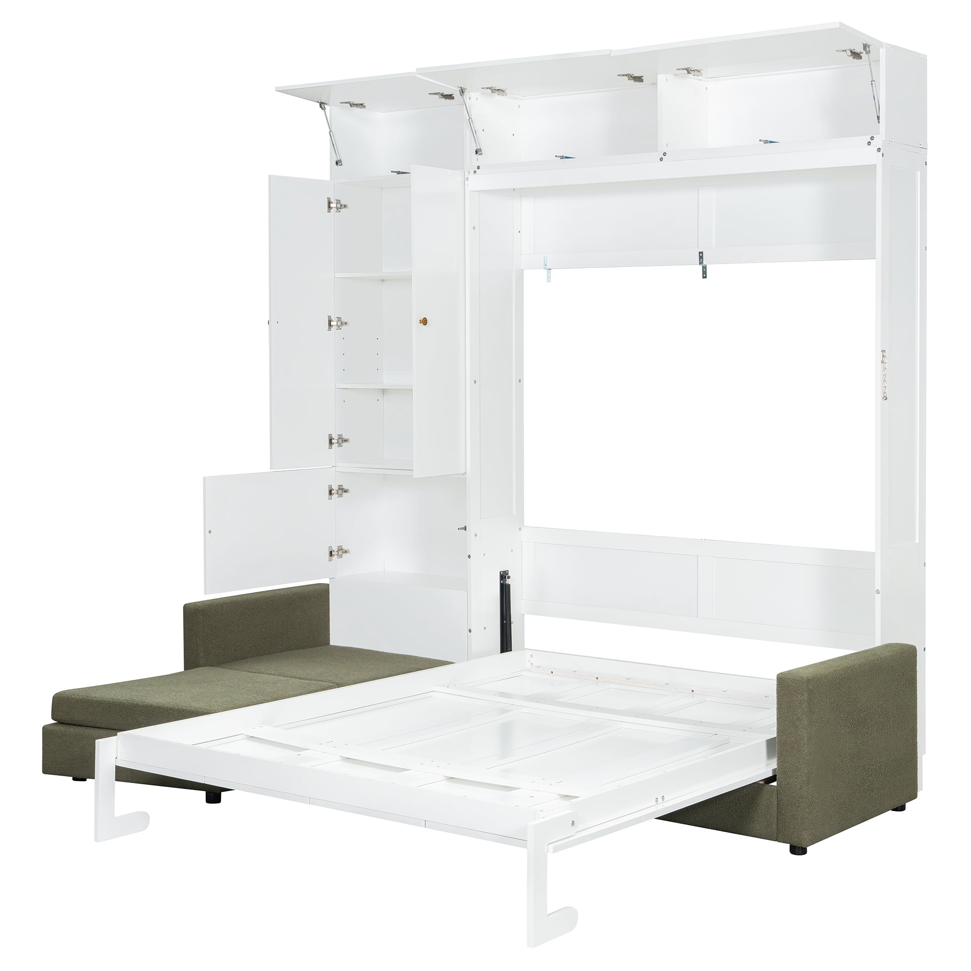 Mintazer Queen Murphy Bed with L-Shaped Sofa & Storage Cabinets, Modern Foldable Wall Bed for Bedroom Apartment Guest Room, White & Green
