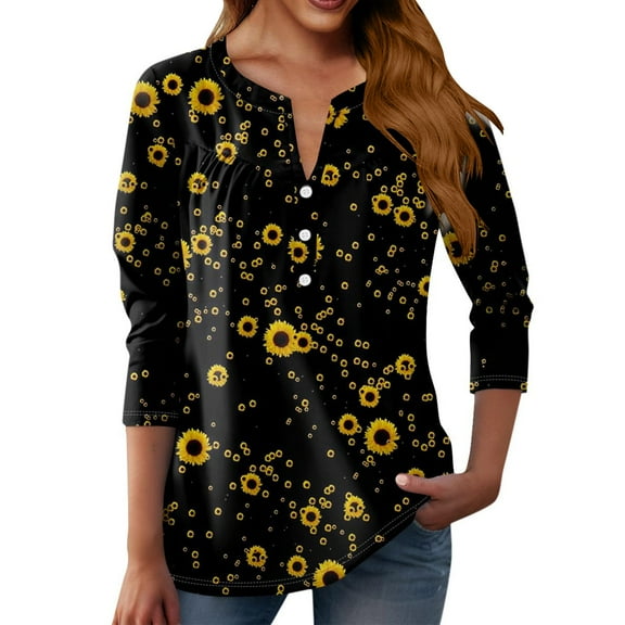 Texiao Women's 3/4 Length Sleeve Spring Tops Summer Button up Shirts for Women Loose Fit Plus Size V Neck Blouses