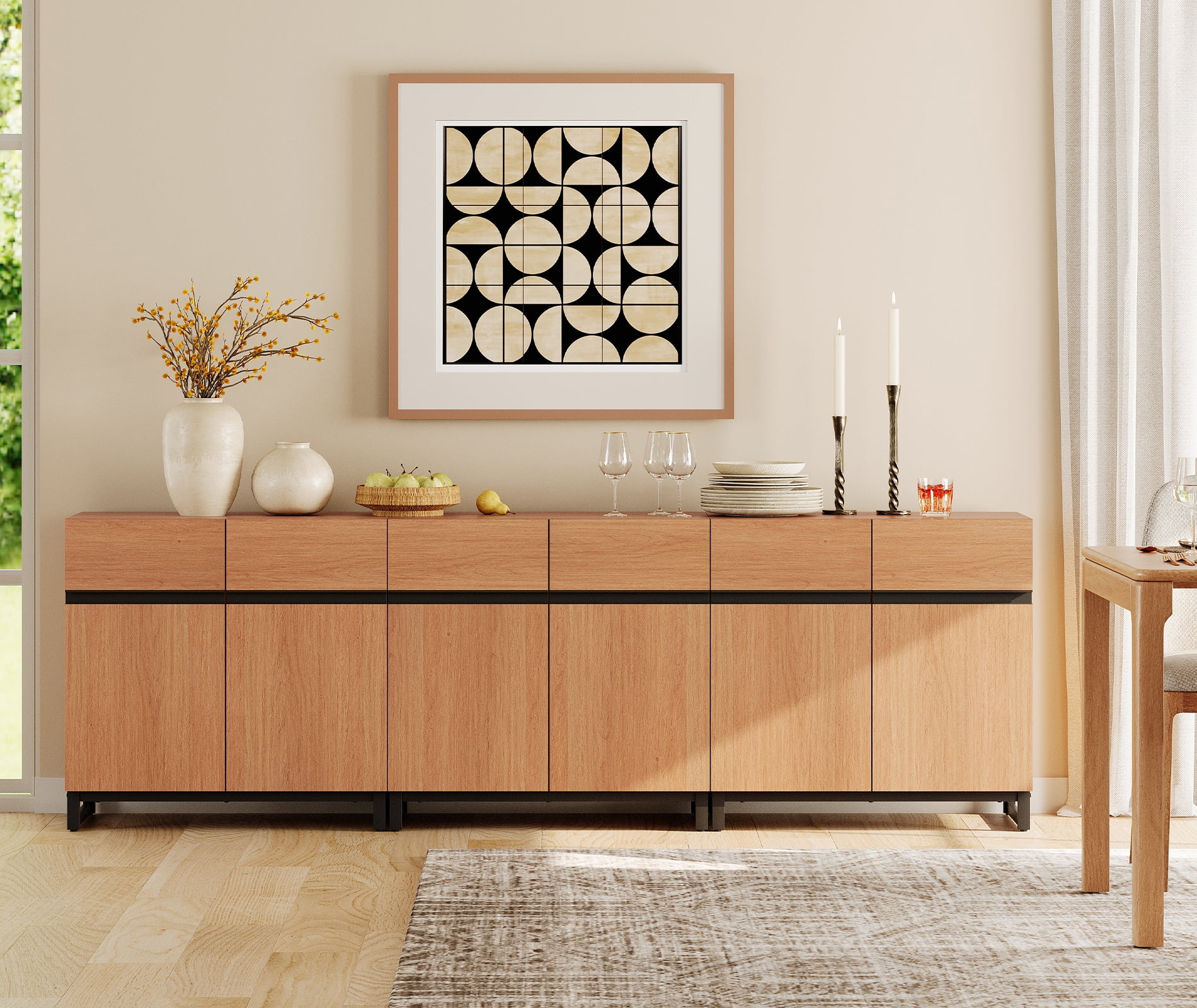 94.5" Wooden Reeded Sideboard with Built-in Charging Station, 4-In-1 Modern Credenza Storage Cabinet for Kitchen, Dining Room