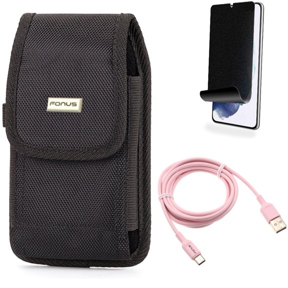 For Samsung Galaxy S21 (6.2") - Charger Cord Pink 6ft USB-C Cable   [Fingerprint Works] TPU Film Privacy Screen Protector   Holster Rugged Case Belt Clip