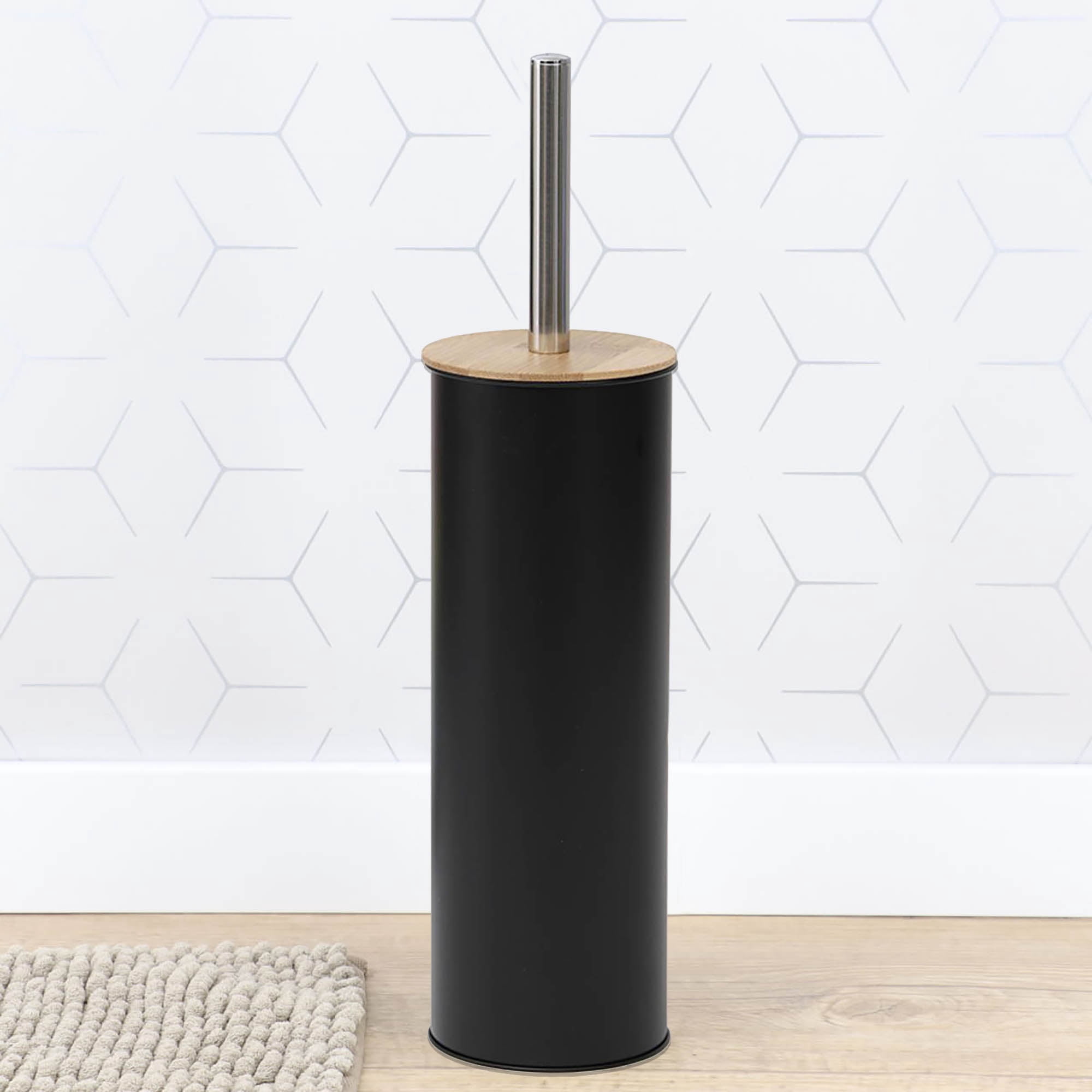 Black Metal Toilet Brush and Holder Set With Bamboo Lid