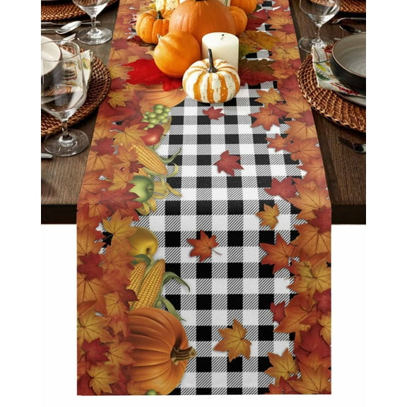 Fall Table Runner Thanksgiving Pumpkin Maple Leaf Table Runners Farm Fruit Happy Thanksgiving Black Plaid Cotton Linen Dresser Scarf Kitchen Dining Table Decor for Fall Party Decor 13x36 Inch