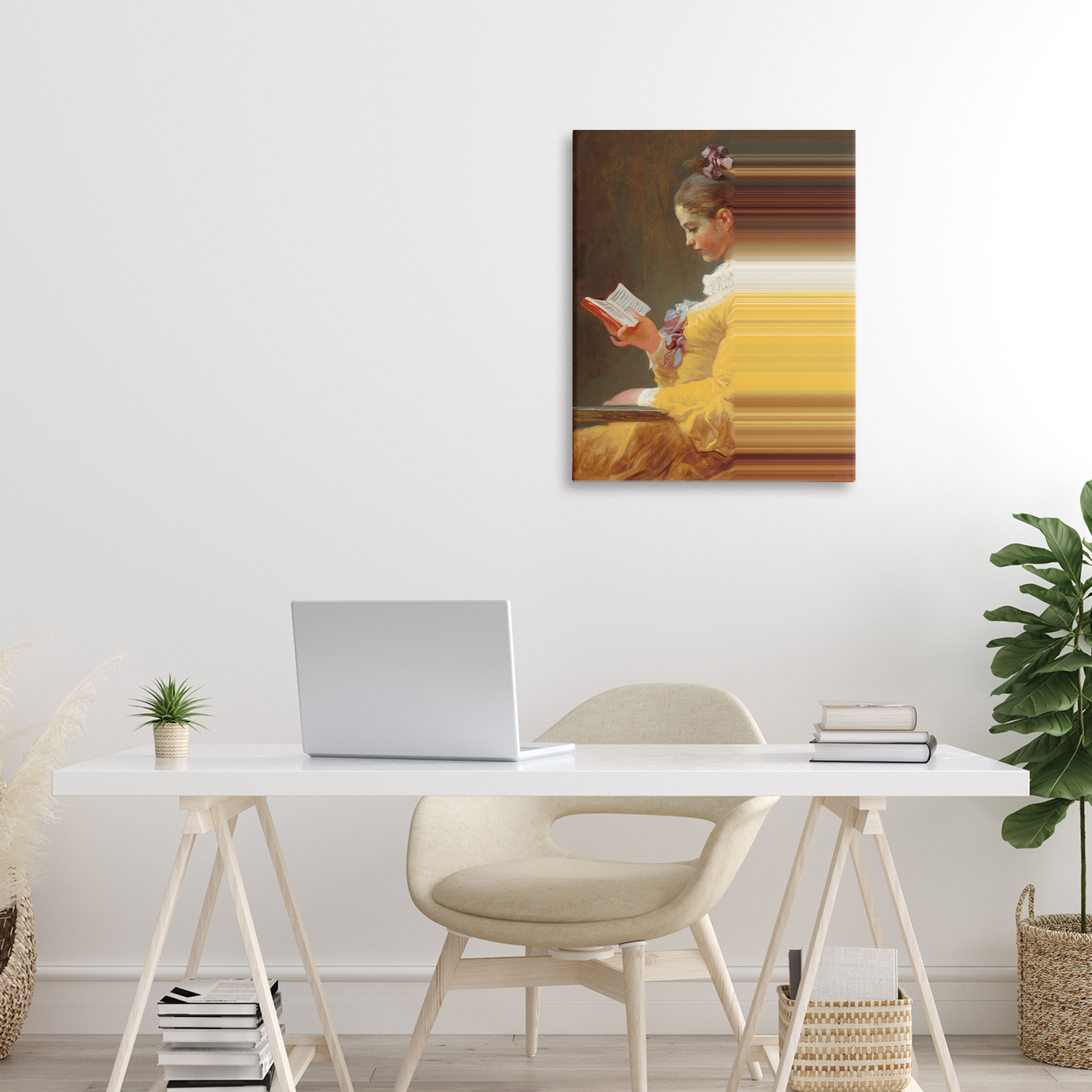 Vintage Lady Reading with Gradient Streaks Canvas Wall Art, design by Seven Trees Design