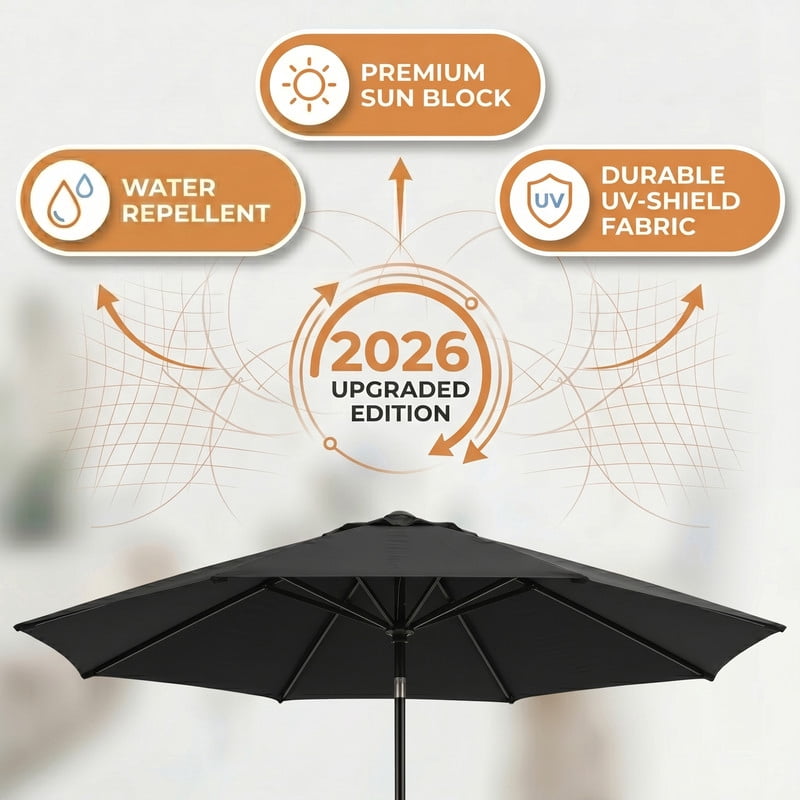 Lacoo 9' Outdoor Patio Umbrella, Market Table Umbrella with Push Button Tilt, 8 Heavy-Duty Steel Ribs & Wind Vents, Black