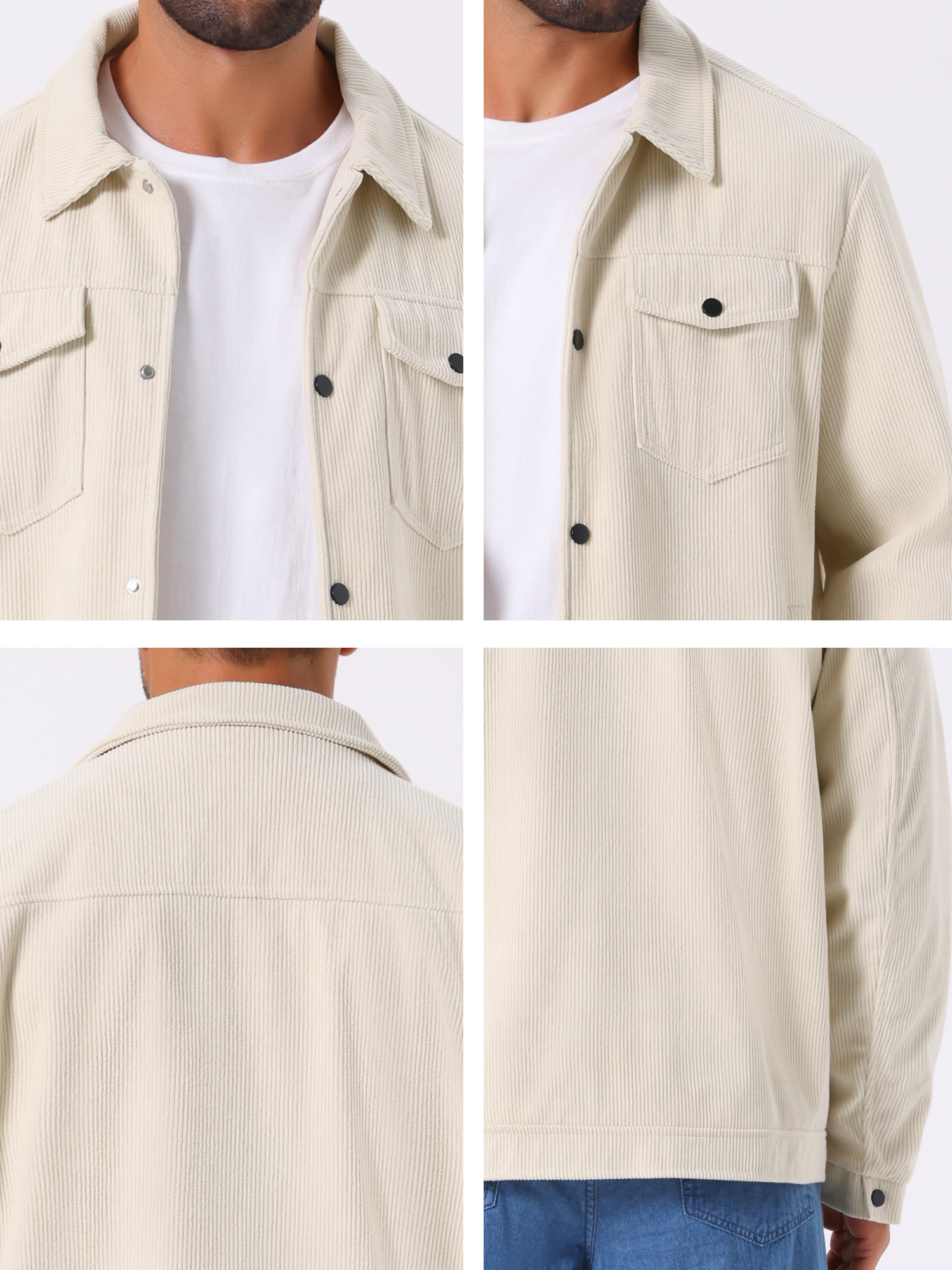 DARING DIVA Men's Solid Long Sleeve Button Pockets Corduroy Trucker Jacket M White