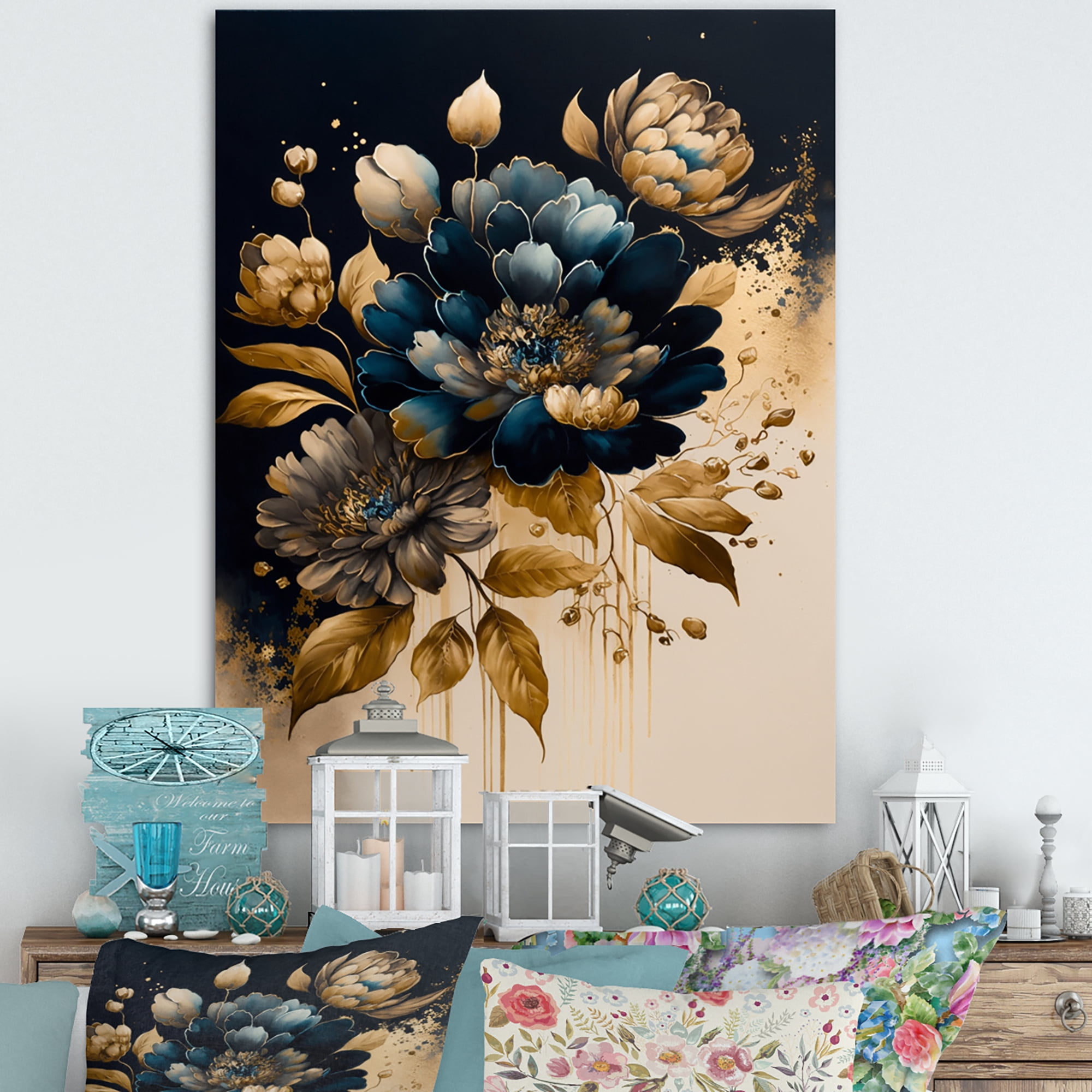 Designart Blue And Gold Zinnia Flowers II Canvas Wall Art
