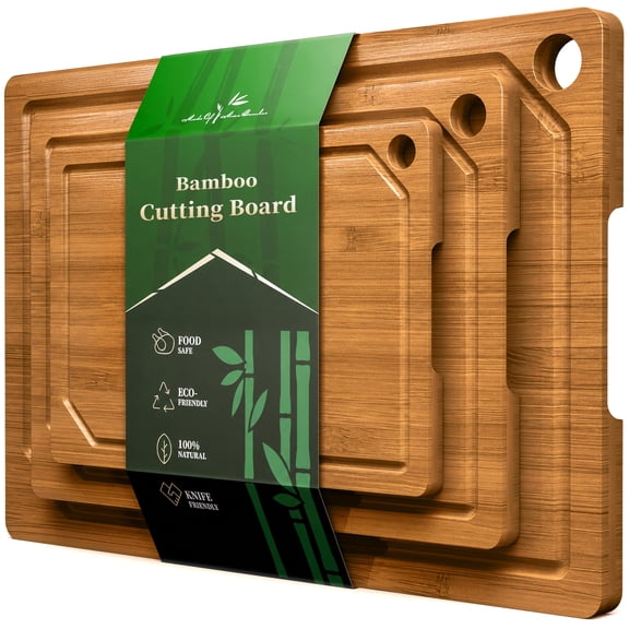 Kitsure 3-Piece Cutting Board Set - Cross-Laminated 3-Layer Bamboo Cutting Boards for Kitchen with Juice Grooves and Built-In Handles, Ideal Kitchen Gadgets for Versatile Prep & Serving