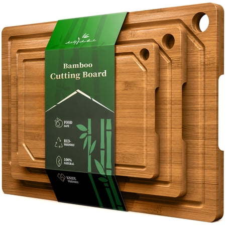 Kitsure 3-Piece Cutting Board Set - Cross-Laminated 3-Layer Bamboo Cutting Boards for Kitchen with Juice Grooves and Built-In Handles, Ideal Kitchen Gadgets for Versatile Prep & Serving