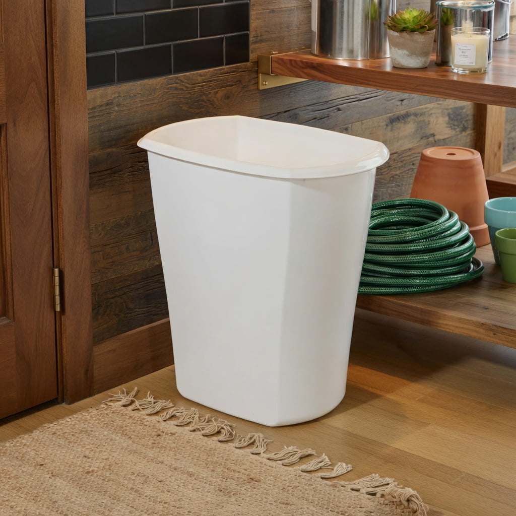 10 Gallon / 40 Quart White Plastic Rectangular Trash Can, Slim Space-Saving Wastebasket for Kitchen, Bathroom, Office or Garage - No Lid