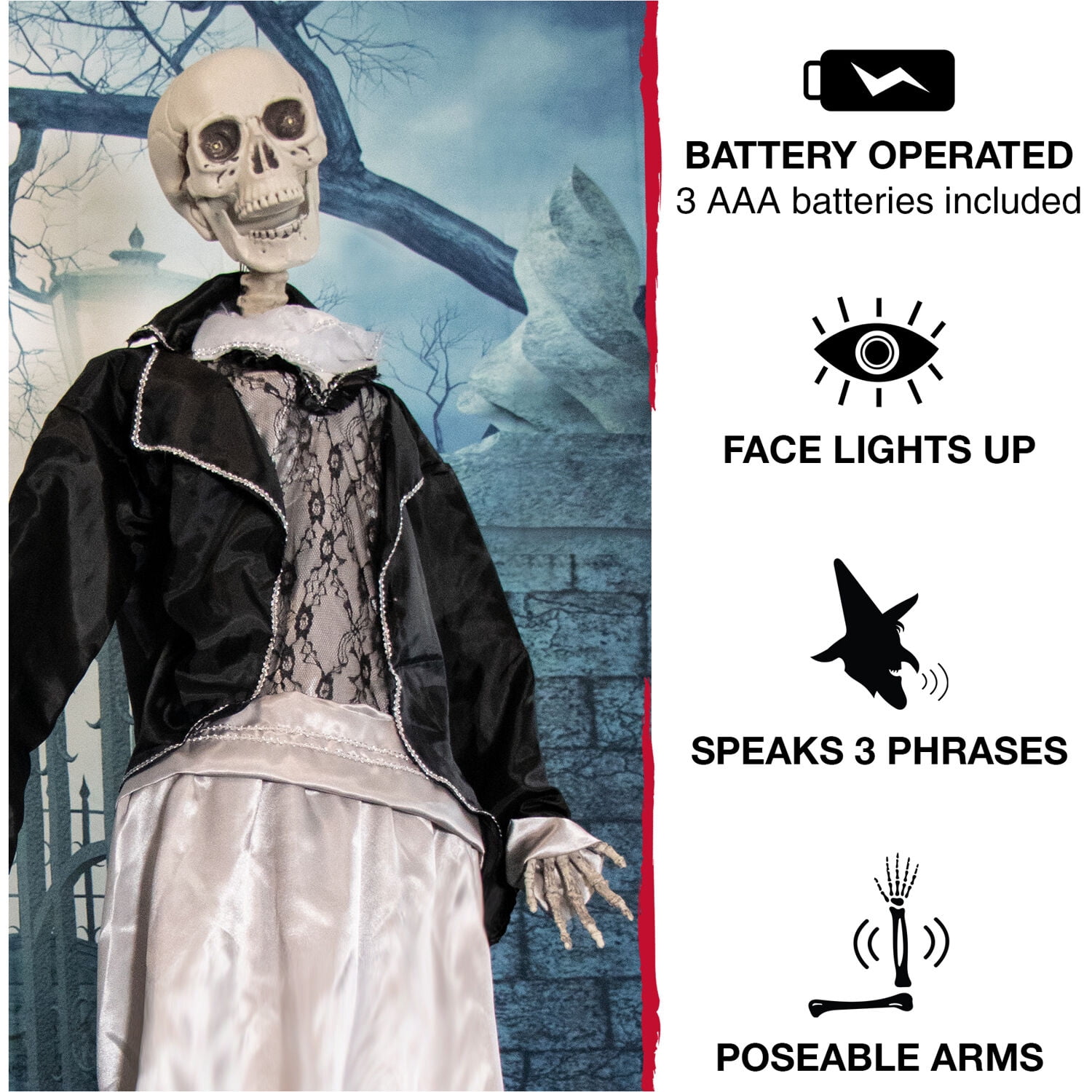 Haunted Hill Farm 5.25 ft Life-Size Skeleton Groom Prop with Lights and Sound, Indoor/Covered Outdoor Halloween Decoration, HHRPR-1FL